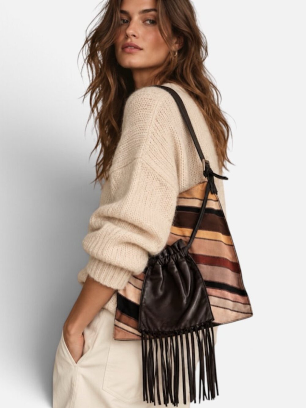Vintage Renaud Pellegrino Mixed Media Leather Fringe Shoulder Bag